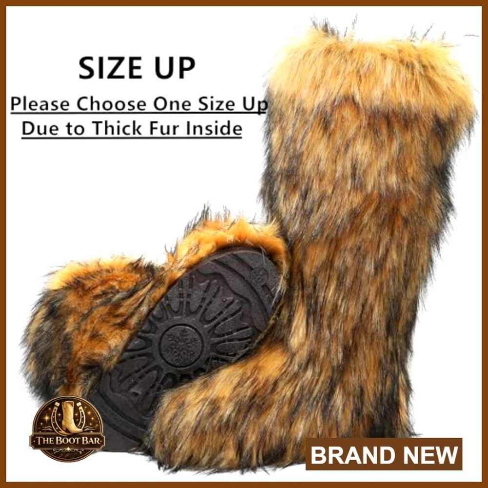 Faux Fur Knee High Snow Boots Y2K Winter Warm Soft Slip On Mid Calf - Picture 4 of 7